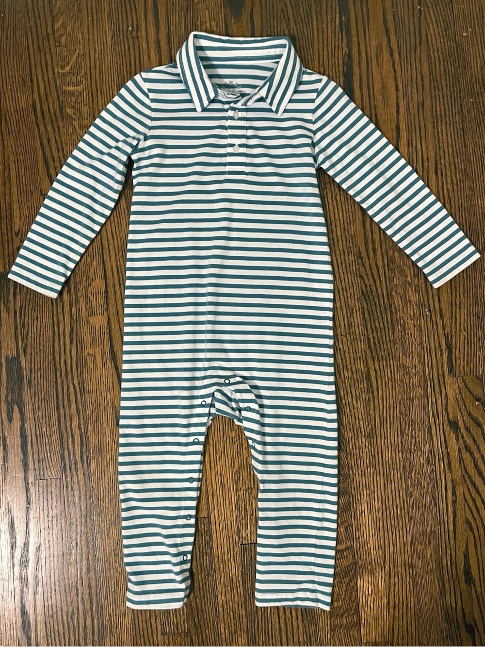 Primary Striped Long-Sleeve Polo Romper in Green and White